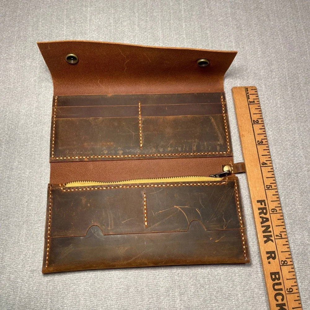 Distressed Genuine Brown Leather Long Wallet Snap Closure Card‎ Holder Zip